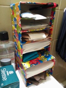 Estanteria hecha con cajas